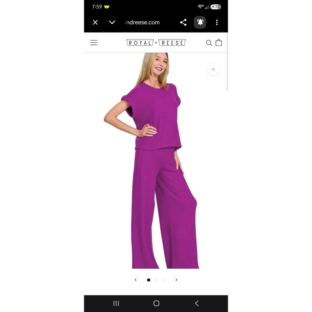 Zenana Women Magenta Purple Ribbed Knit Two Piece Lounge Set Wide Leg Pants S